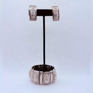 Vintage Silvertone Exotic Deity Face Clip Earrings & Panel Stretch Bracelet